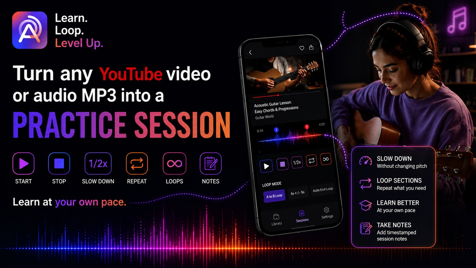 Turn any YouTube video or audio MP3 into a practice session