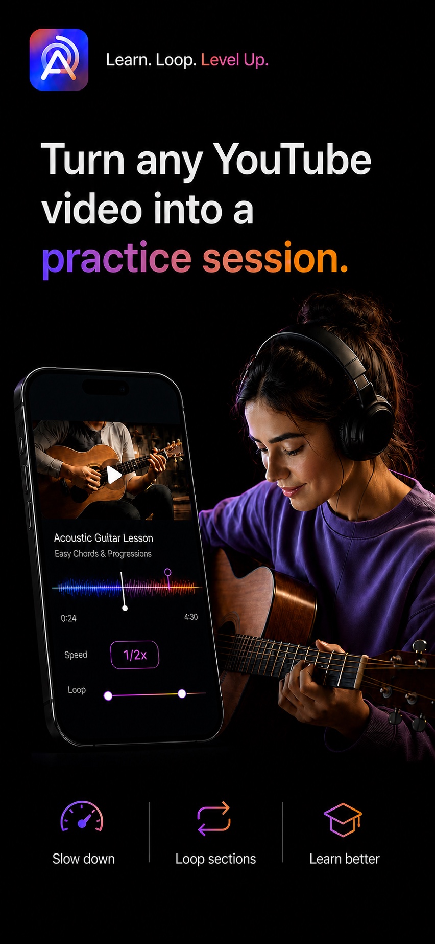 Turn any YouTube video or audio MP3 into a practice session